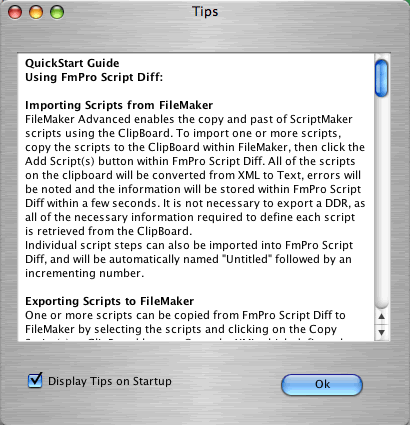 FmPro Script Diff - Tips Window - Mac OS X