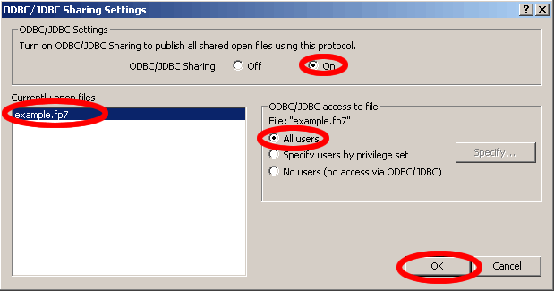 Figure 18 - Enabling FileMaker 7 ODBC/JDBC Sharing - Dialog