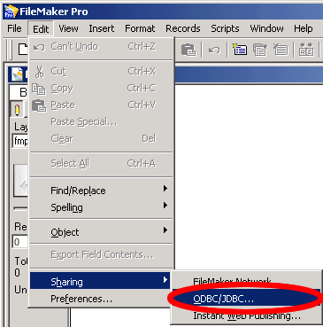 Figure 18 - Enabling FileMaker 7 ODBC/JDBC Sharing - Menu