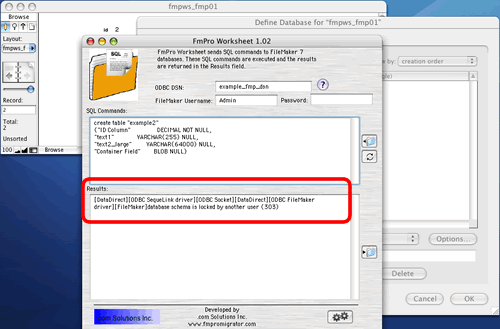 [Figure 42 - Database Schema is Locked by Another User Error (303) Shown in FmPro Worksheet] 